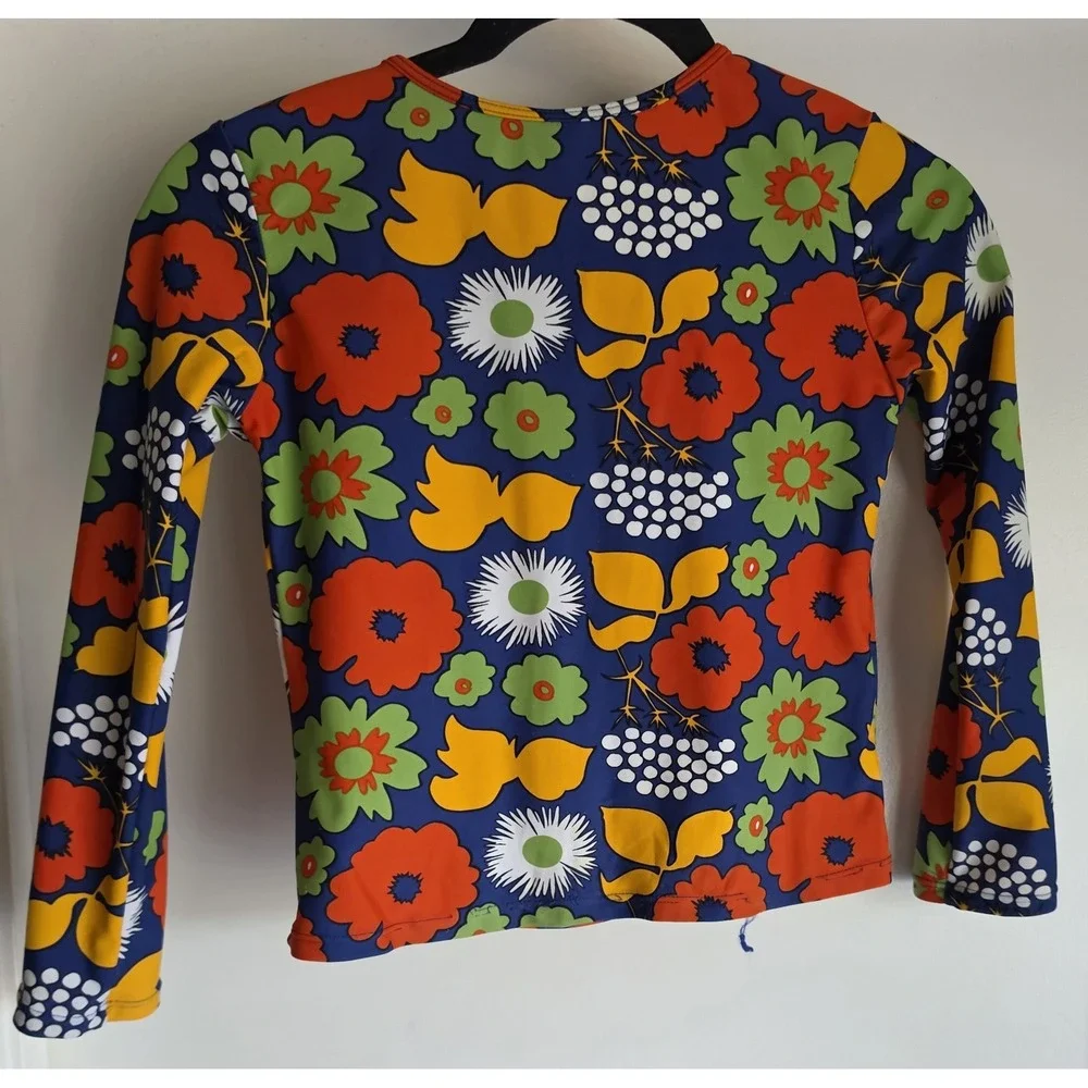 Marimekko Target Rash Guard Women L Floral Blue Orange Long Sleeve Retro Top